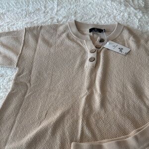 Beige Textured Short Sleeve Henley Top